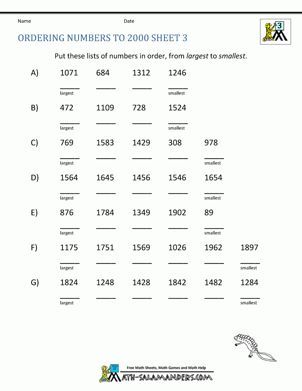 Ordering 4 Digit Numbers Worksheets 3rd Grade