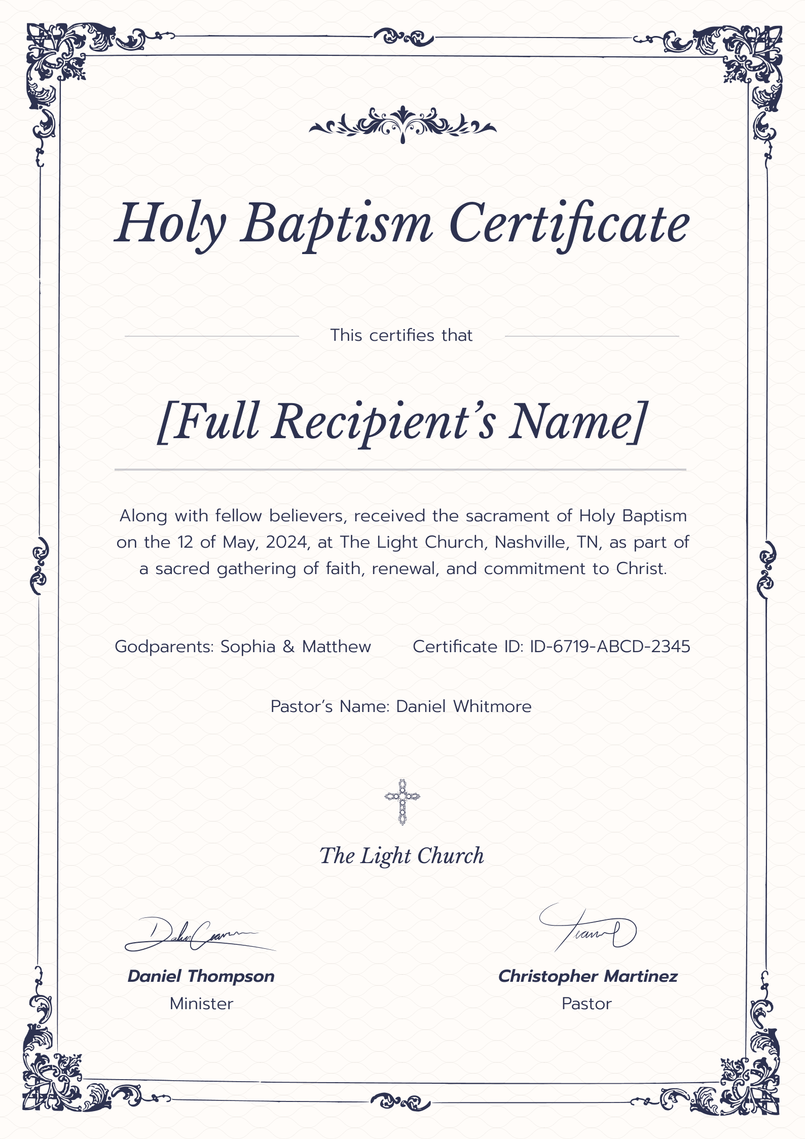 Ornate And Professional Certificate Of Baptism Template