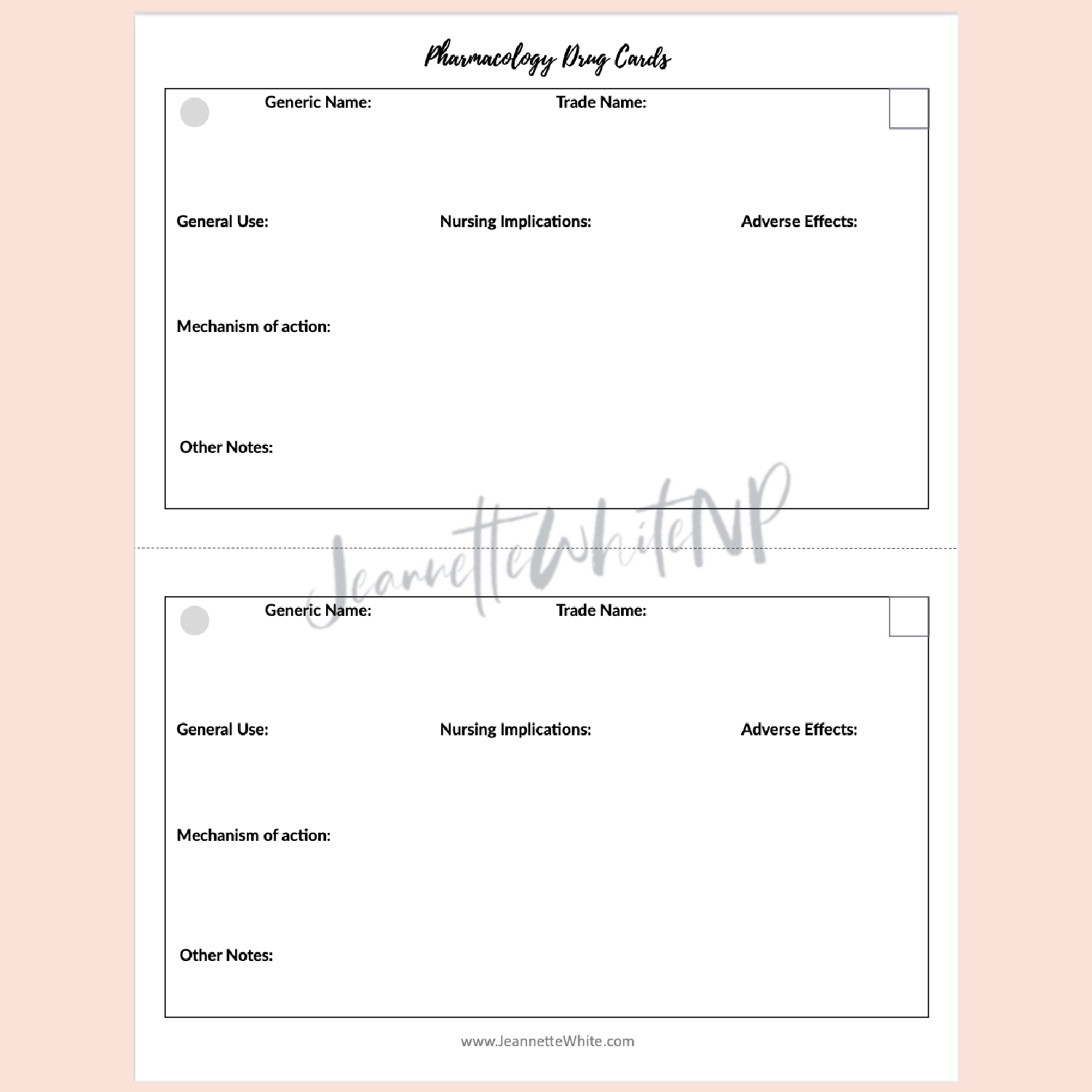 Pharmacology Cards Template Narrow Margins Jeannette White NP