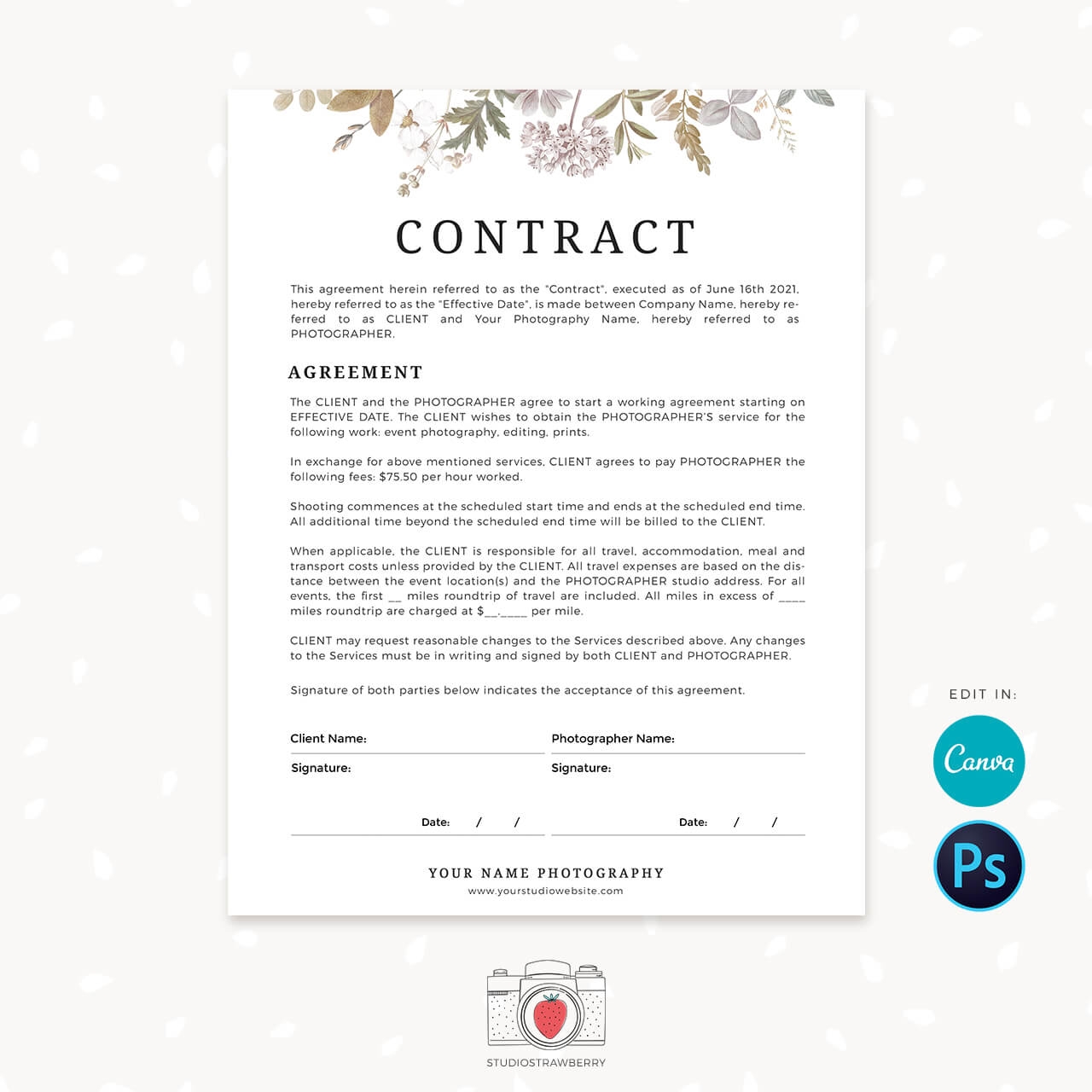Photographer Contract Template For Canva Photoshop Floral Strawberry Kit Photographer Contract Template For Canva Photoshop Floral Strawberry Kit