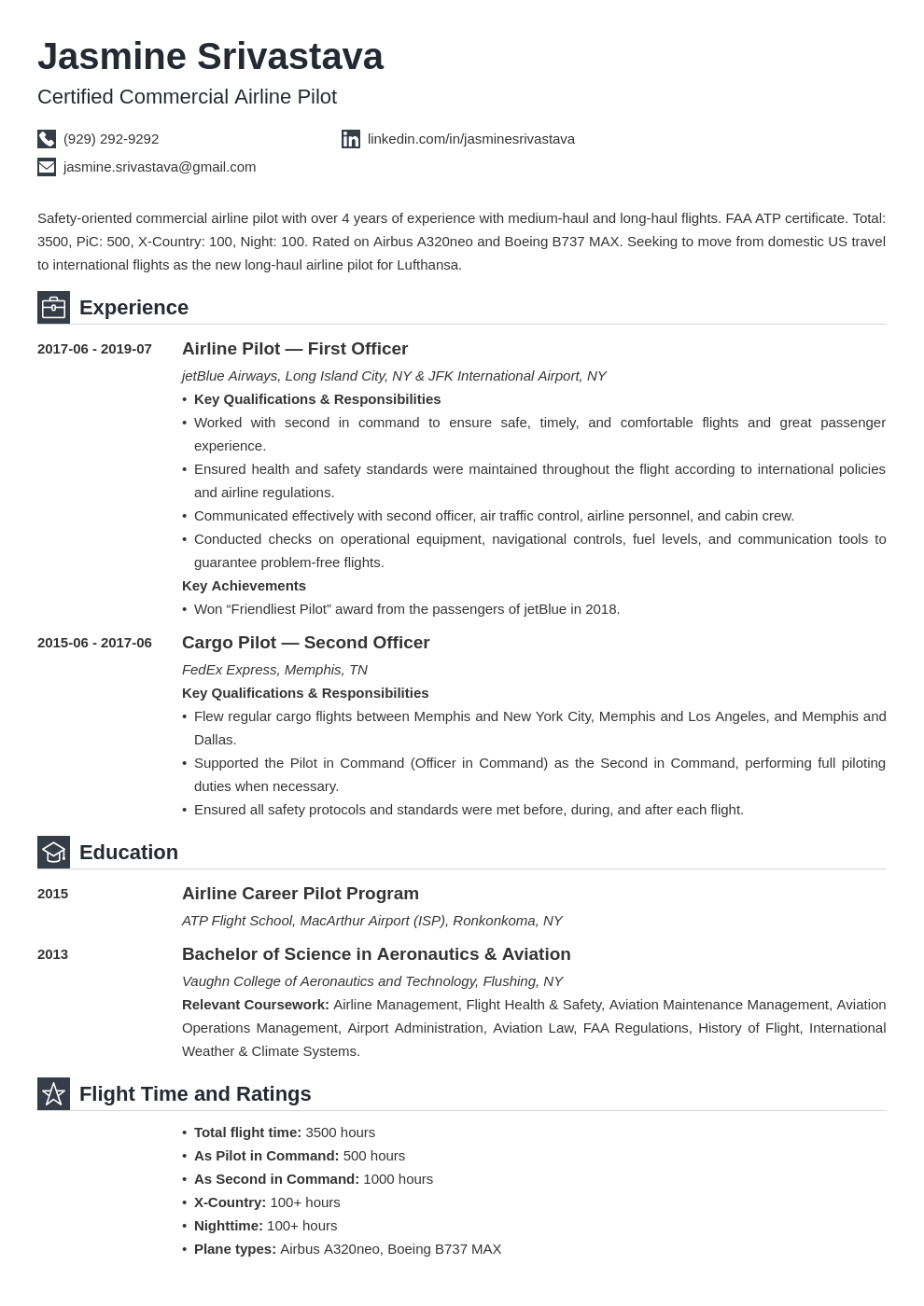 Pilot Resume Template Aviation Resume Example