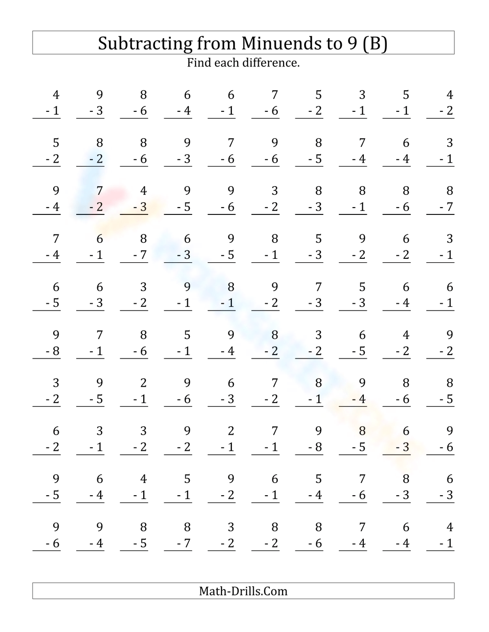 Printable Easter Single Digit Subtraction Worksheets