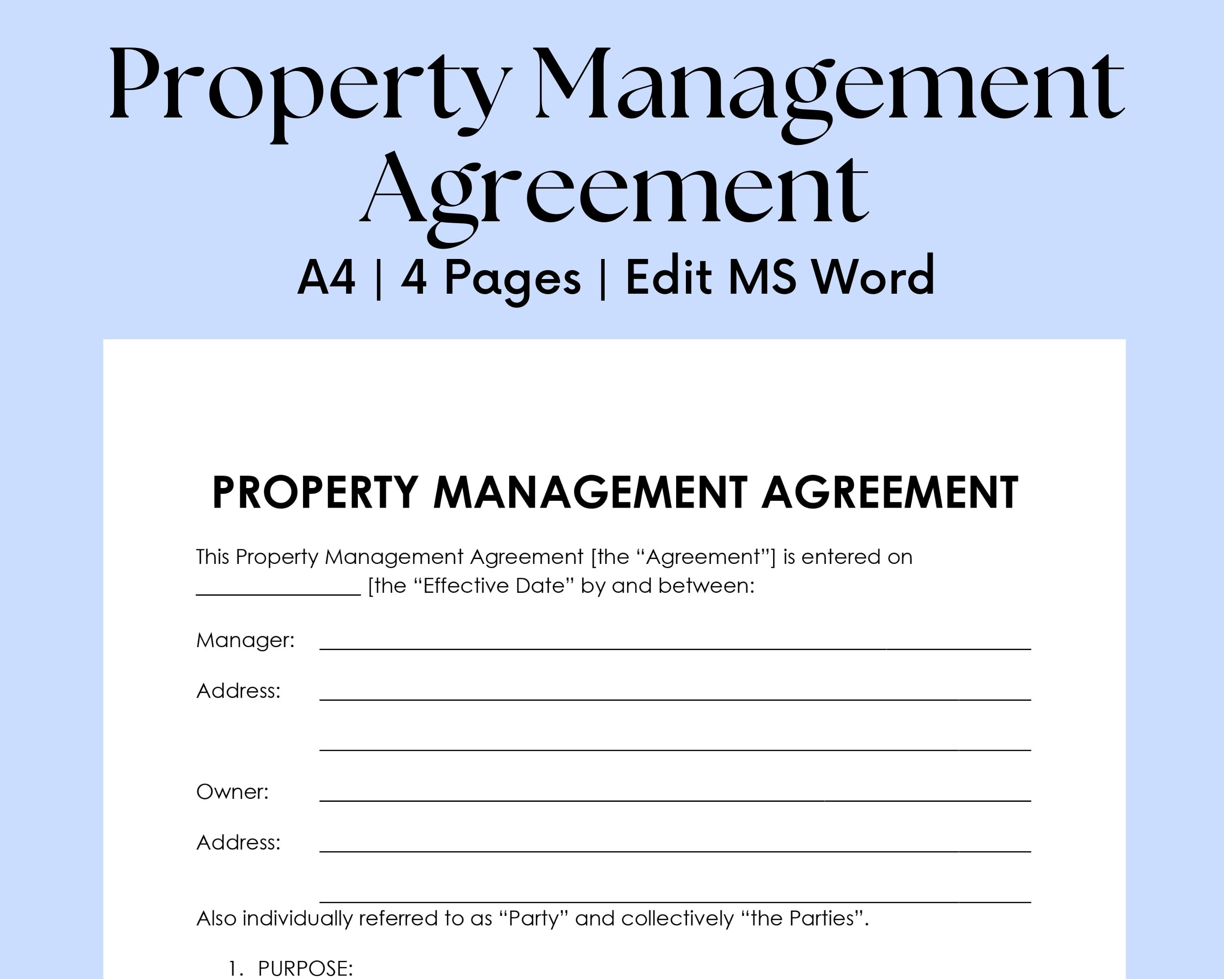 Property Management Agreement MS Word Editable Contract Etsy