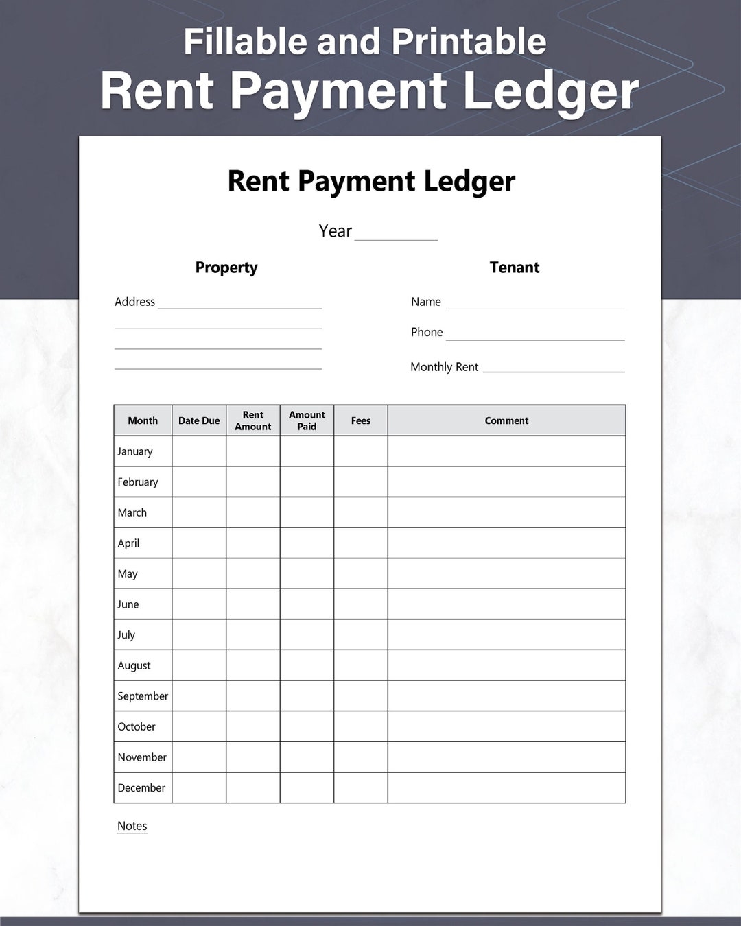 Rent Payment Ledger Tenant Payment Log Fillable And Printable Payment Tracker Ideal For Any Landlord Instant Download PDF Etsy