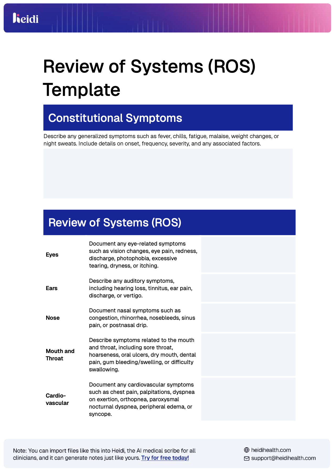 Review Of Systems Template With Examples Heidi Health