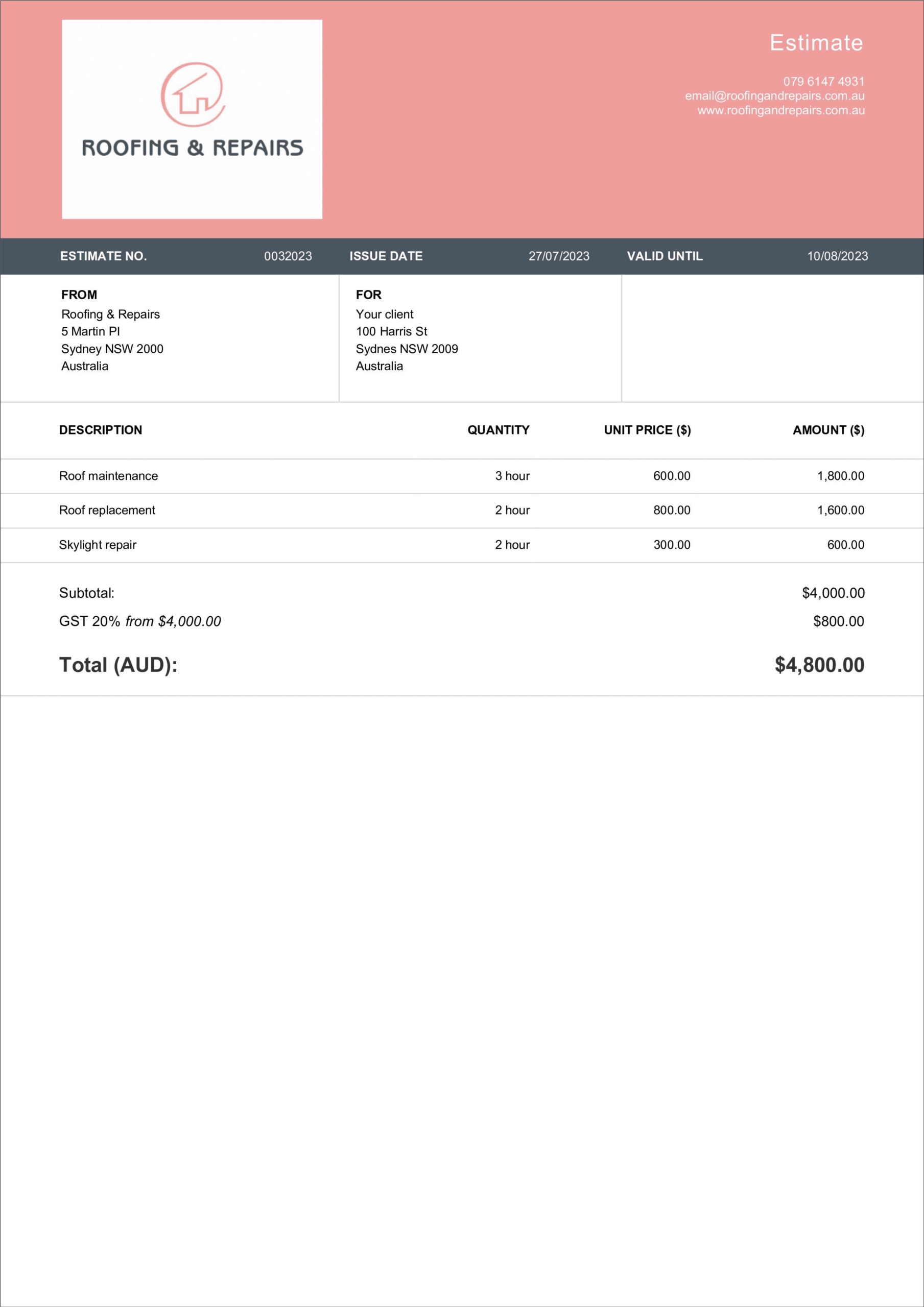 Roofing Estimate Template Free Editable Billdu Roofing Estimate Template Free Editable Billdu