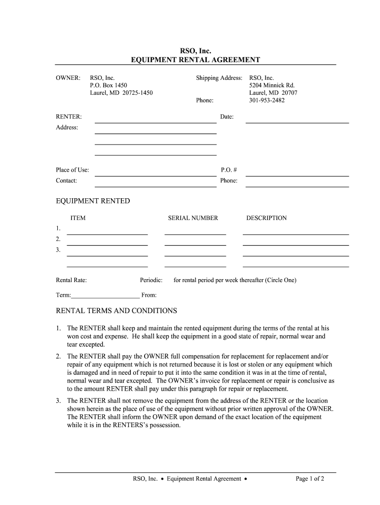 equipment rental agreement template
