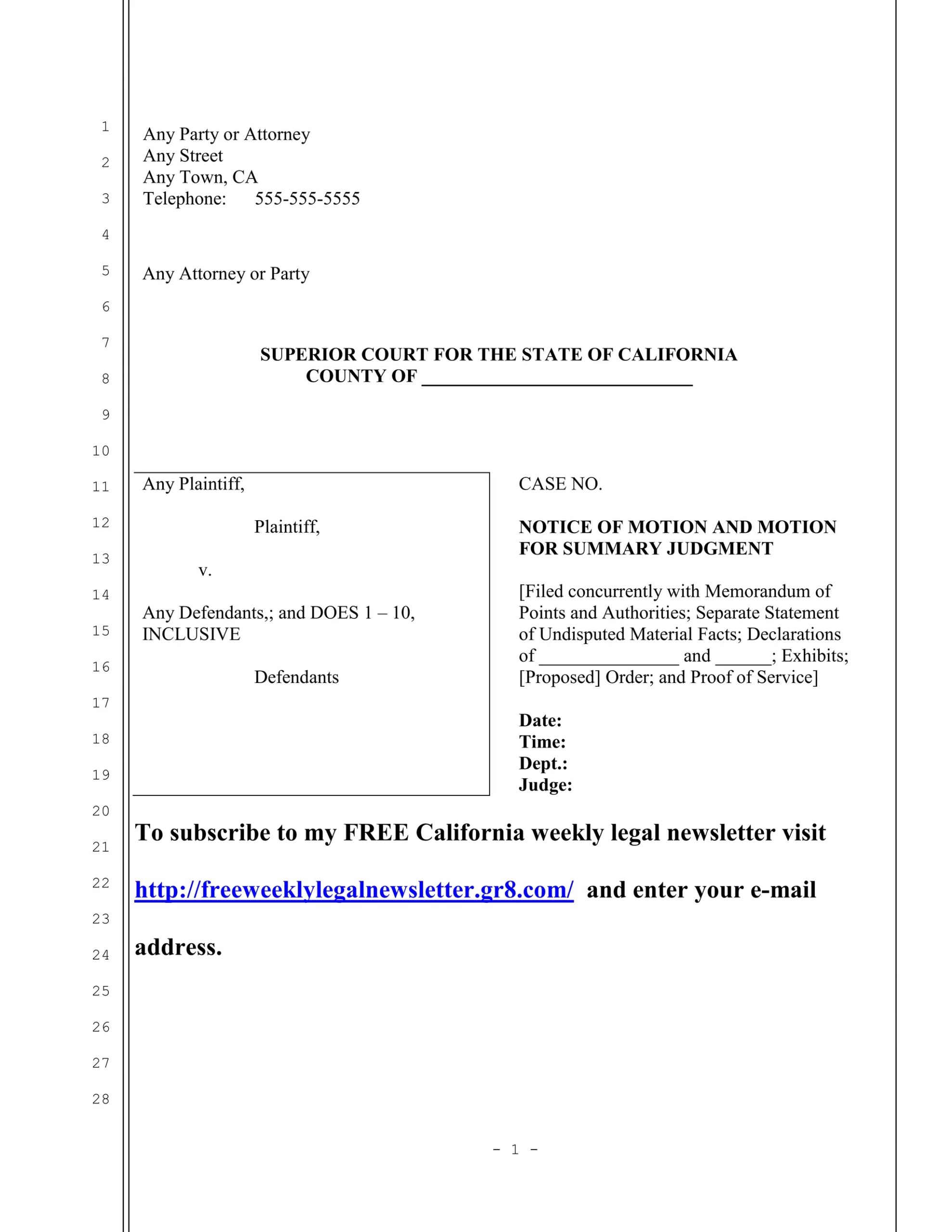 Sample California Motion For Summary Judgment By Plaintiff DOC Sample California Motion For Summary Judgment By Plaintiff DOC