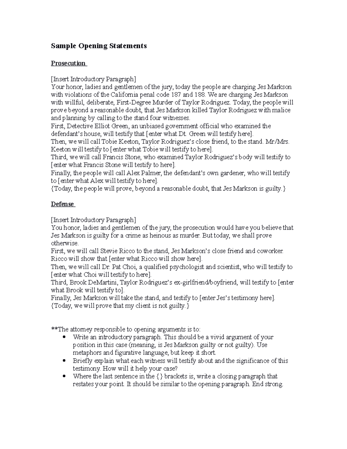 Sample Opening Statement For Criminal Case Prosecution Vs Markson Studocu