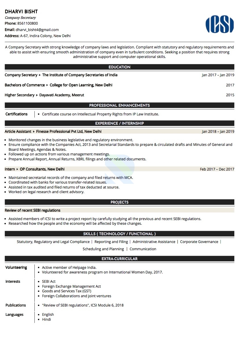 Sample Resume Of Company Secretary CS With Template Writing Guide Resumod co
