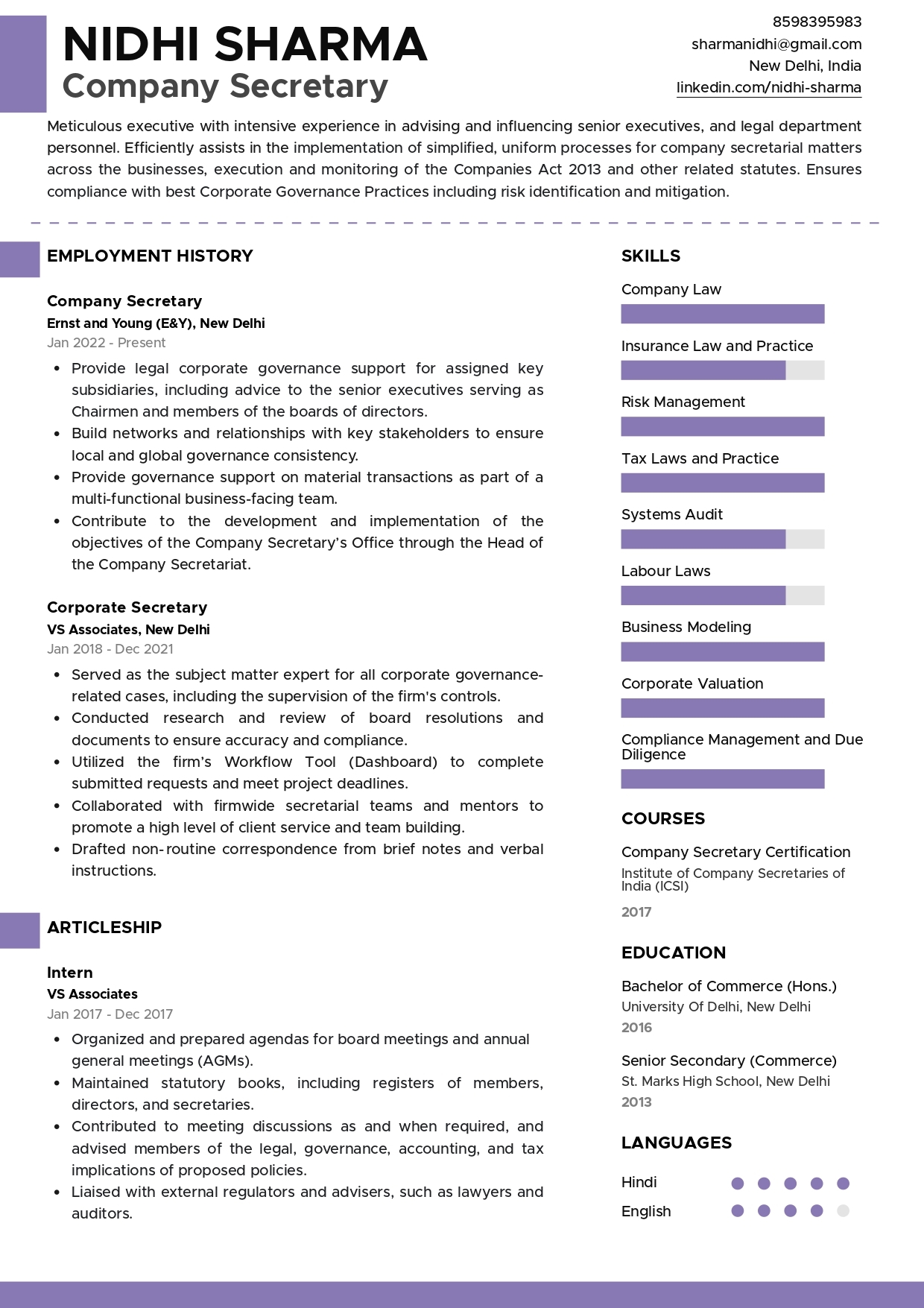 Sample Resume Of Company Secretary CS With Template Writing Guide Resumod co