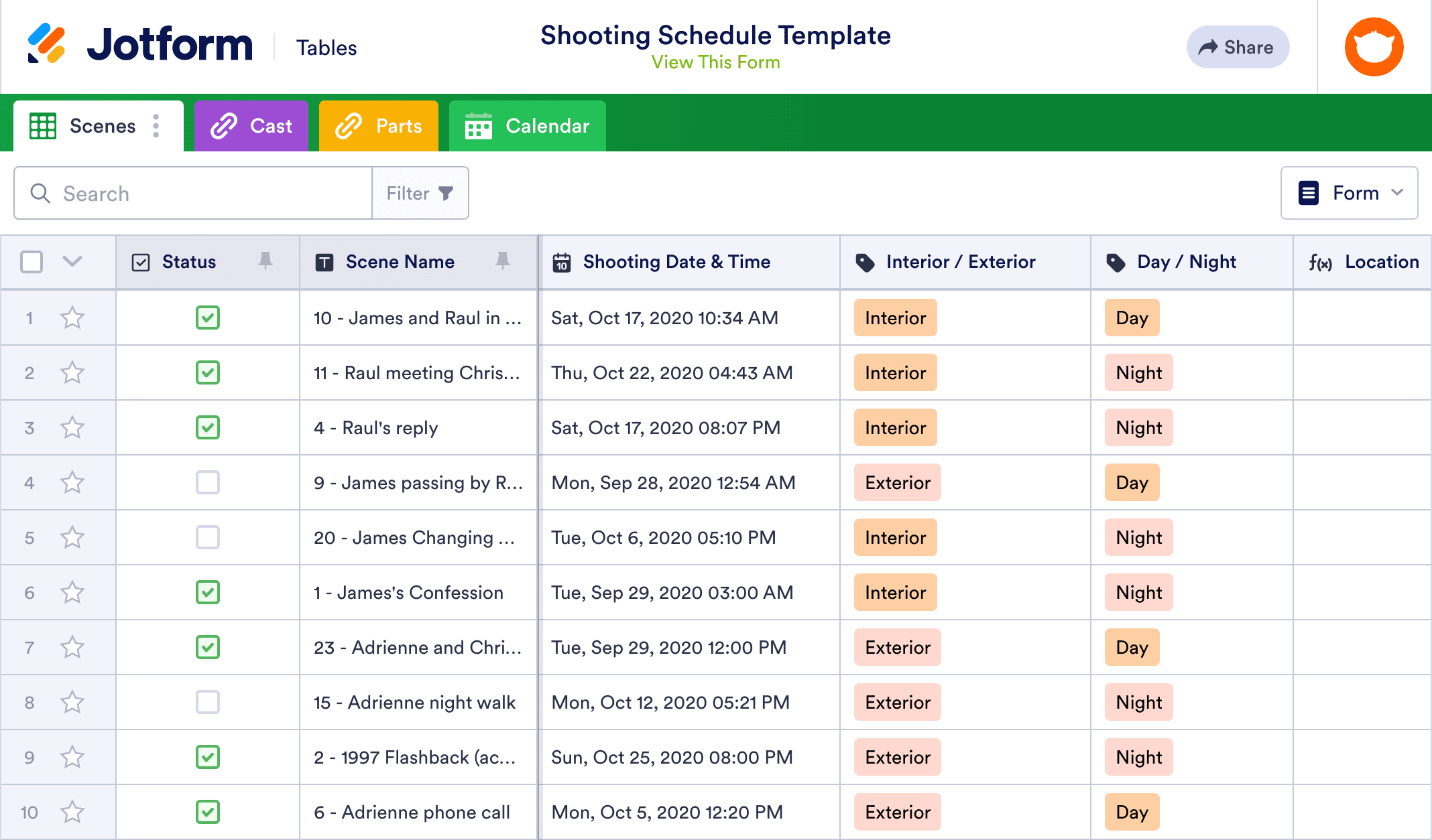 Shooting Schedule Template Spreadsheet Template Jotform