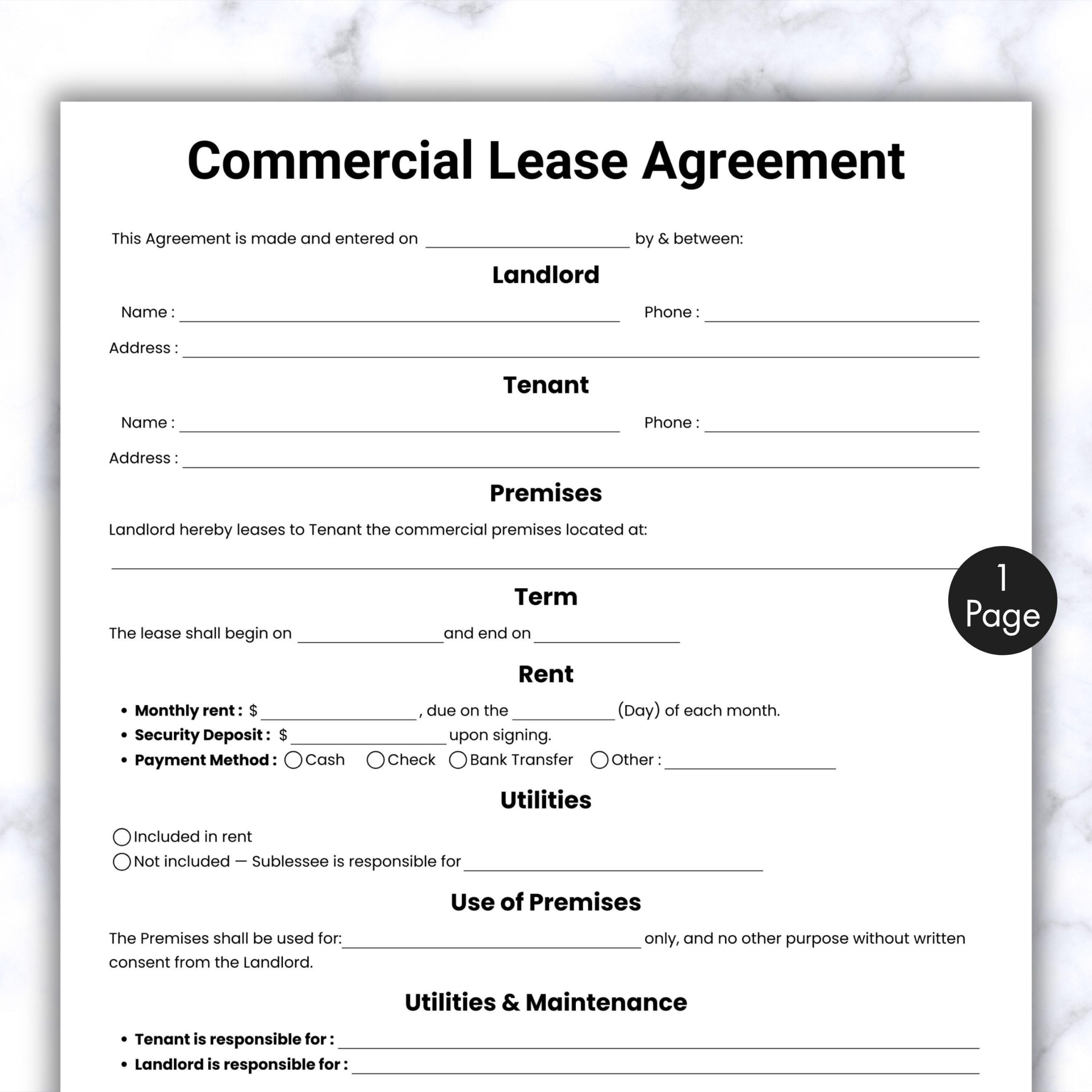 Simple Commercial Lease Agreement One Page Business Rental Contract Form Template Printable Editable Property Rental Lease Canva Etsy