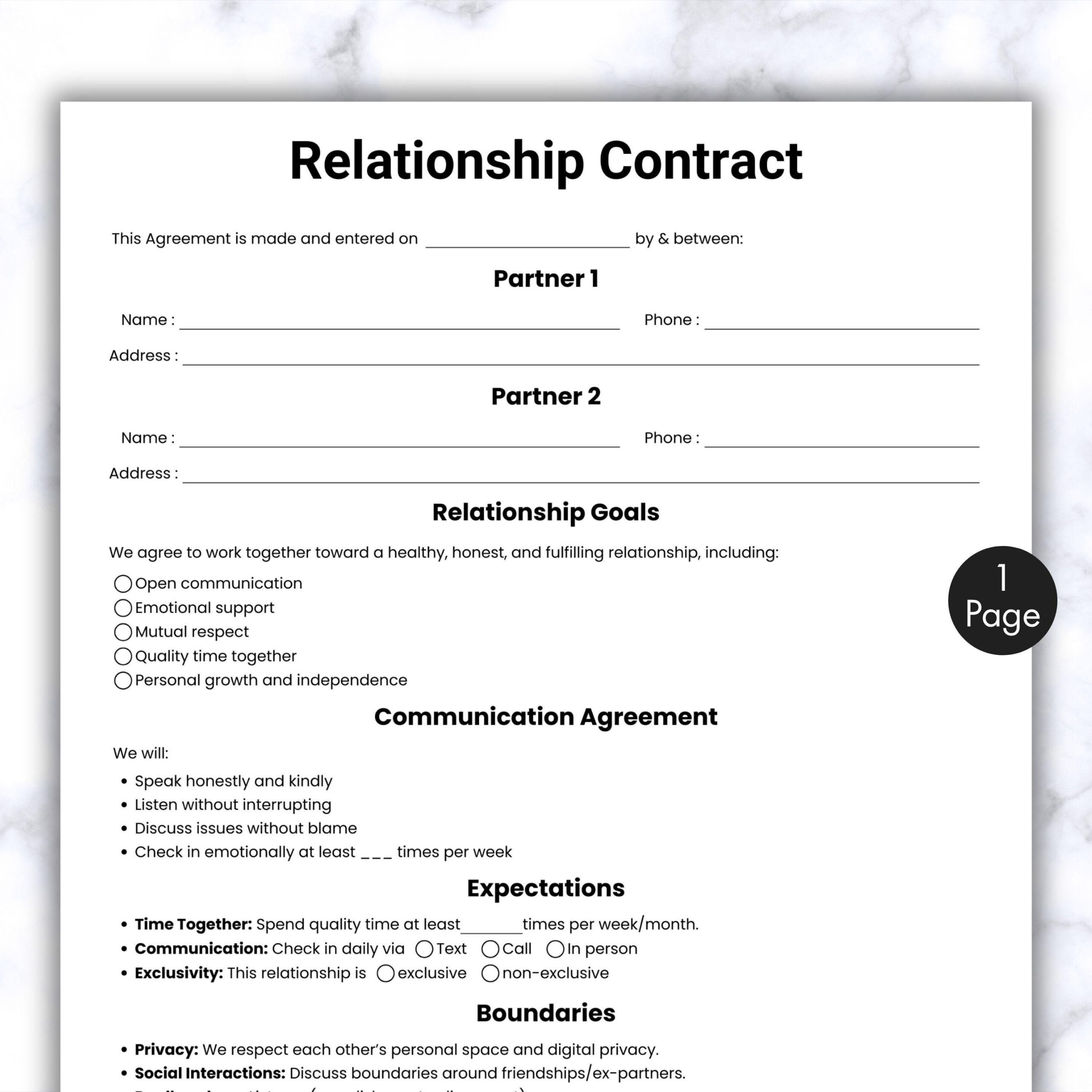 Simple Relationship Contract One Page Couples Agreement Form Printable Editable Couple Communication Improving Love Contract Etsy