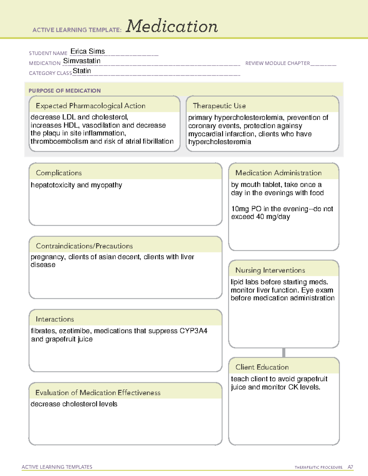 Simvastatin ATI Template Medication Review For Nursing Students Studocu