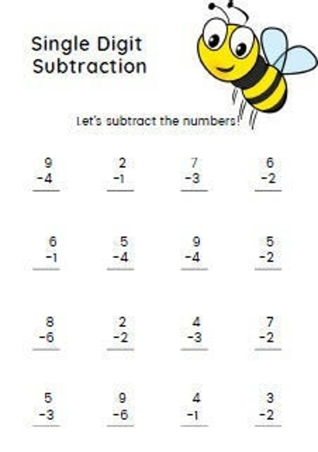 Single Digit Subtraction Worksheet Beginner Math Practice digital Download Etsy
