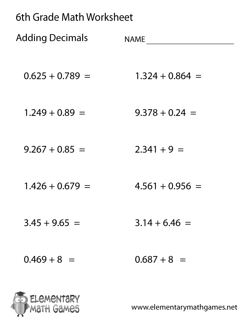 6 grade math worksheet
