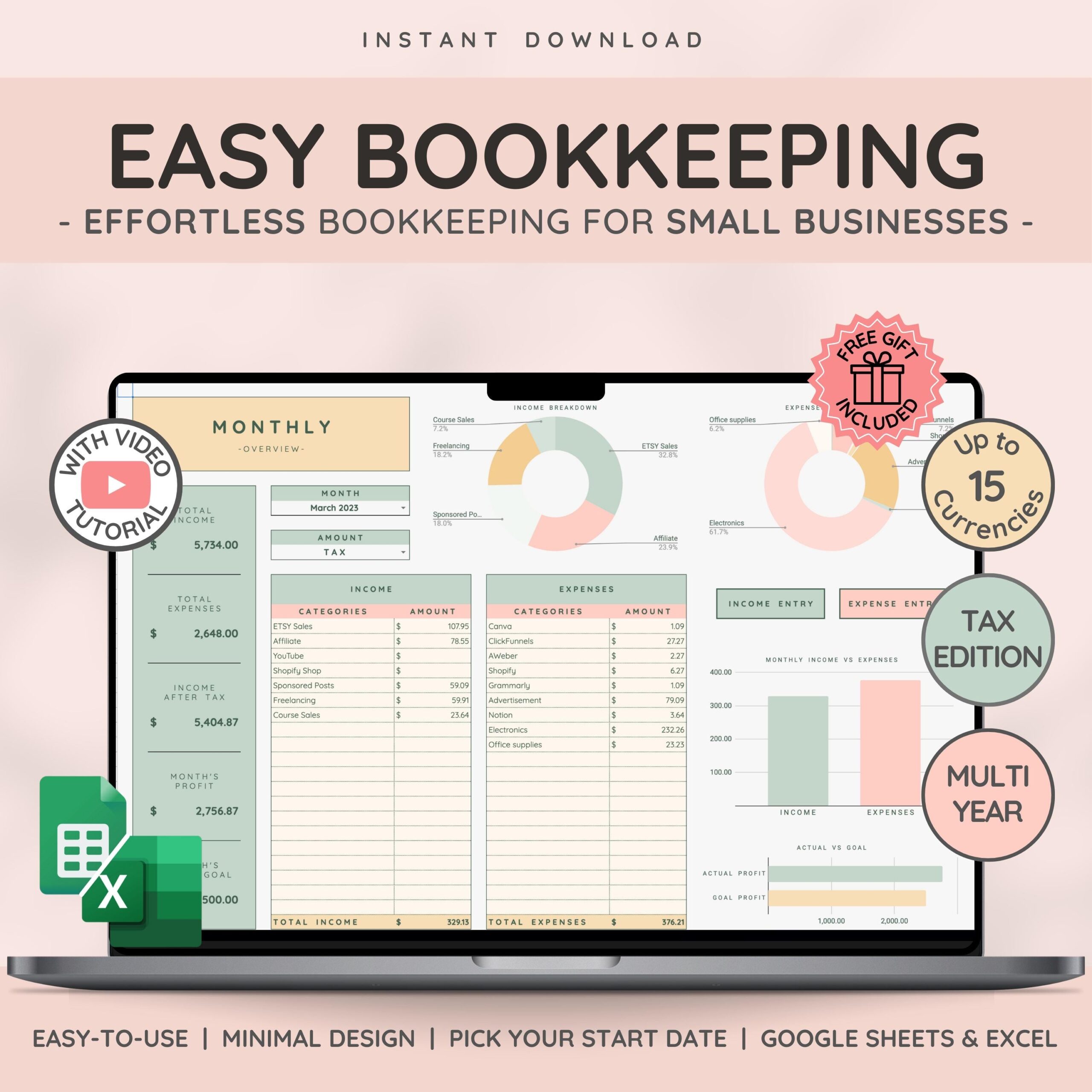 Small Business Bookkeeping Template Excel Bookkeeping Business Spreadsheet Tax Planner Sales Revenue Tracker Etsy