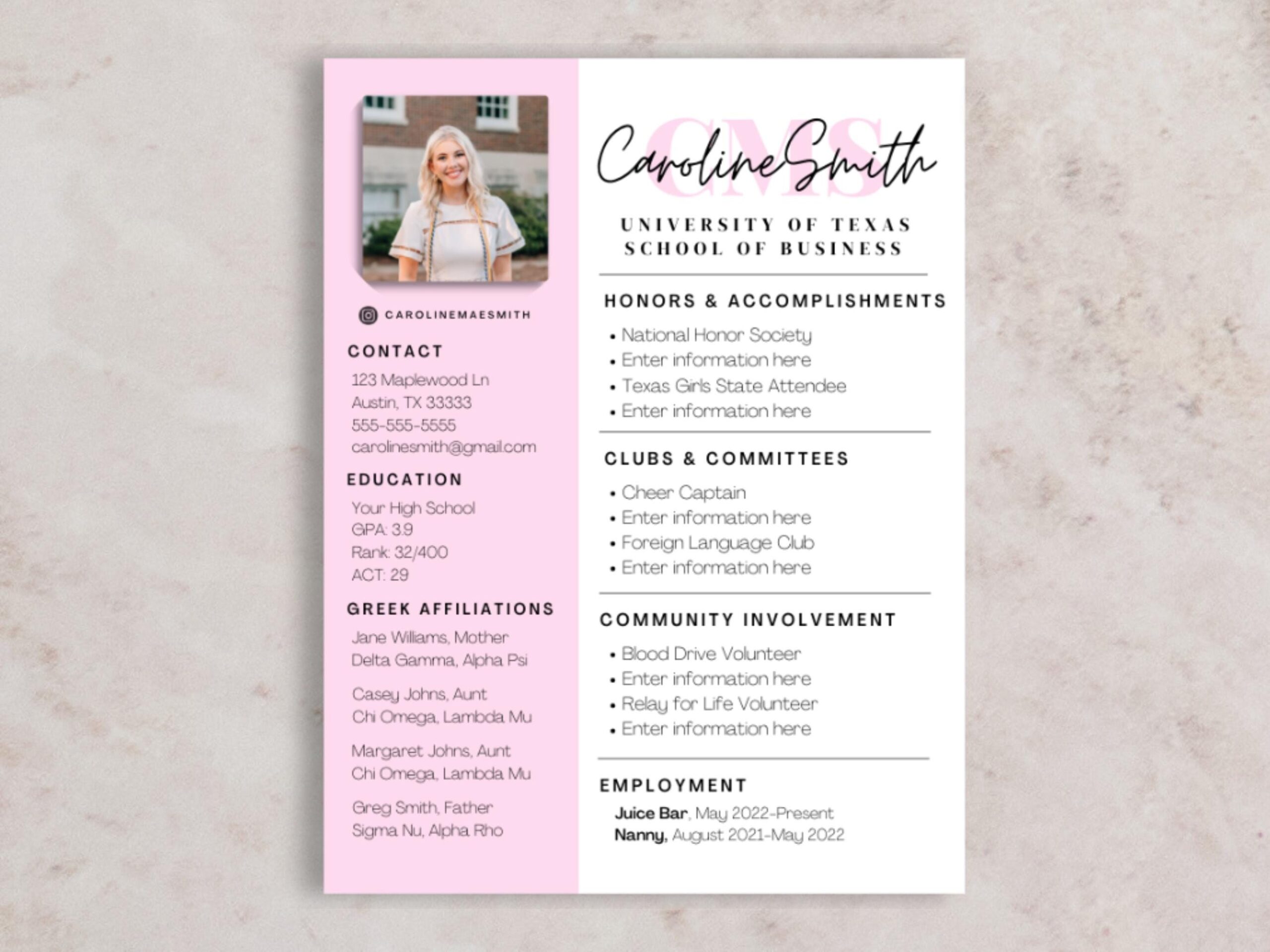sorority resume template