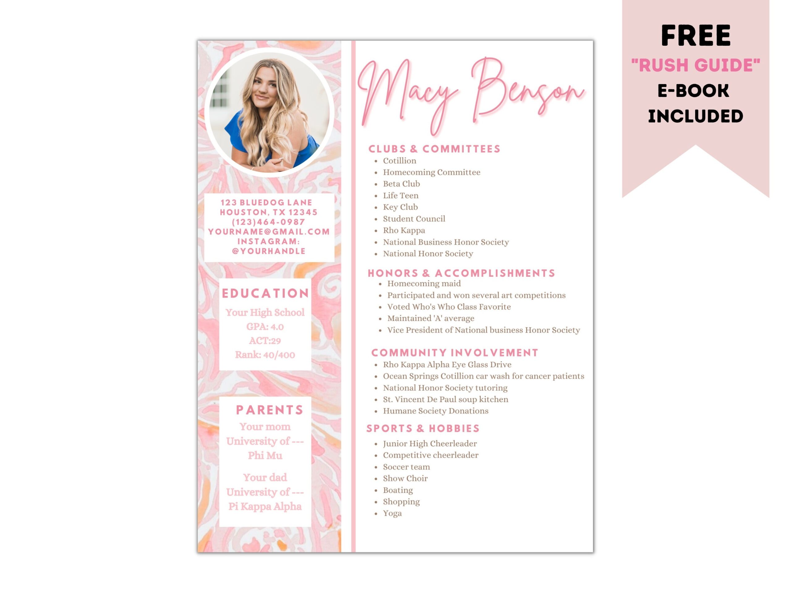 Sorority Resume Template Pink Preppy Cover Letter editable Canva Template Etsy