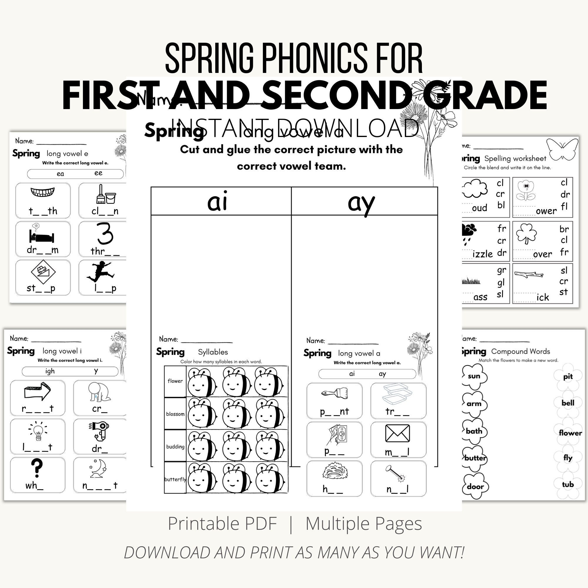 Spring Phonics Worksheets First Second Grade PDF Etsy Spring Phonics Worksheets First Second Grade PDF Etsy