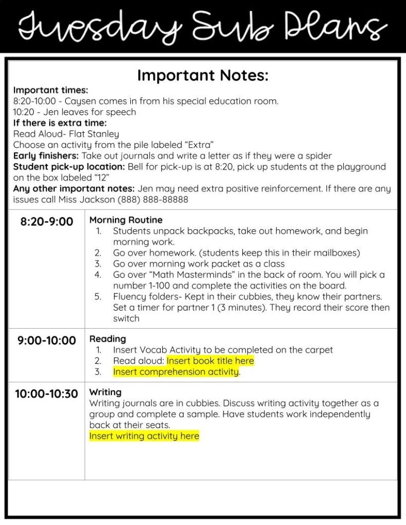 Sub Plans Template In 3 Easy Steps Sub Plans Template In 3 Easy Steps