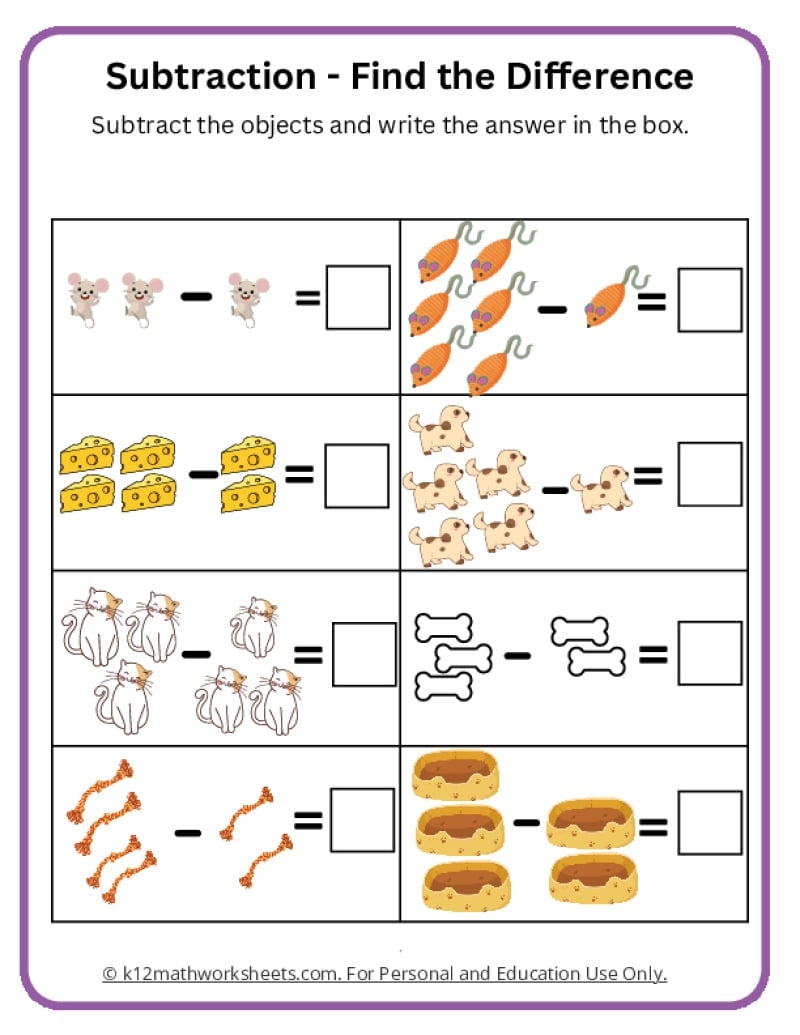 Subtract With Objects K12 Math Worksheets