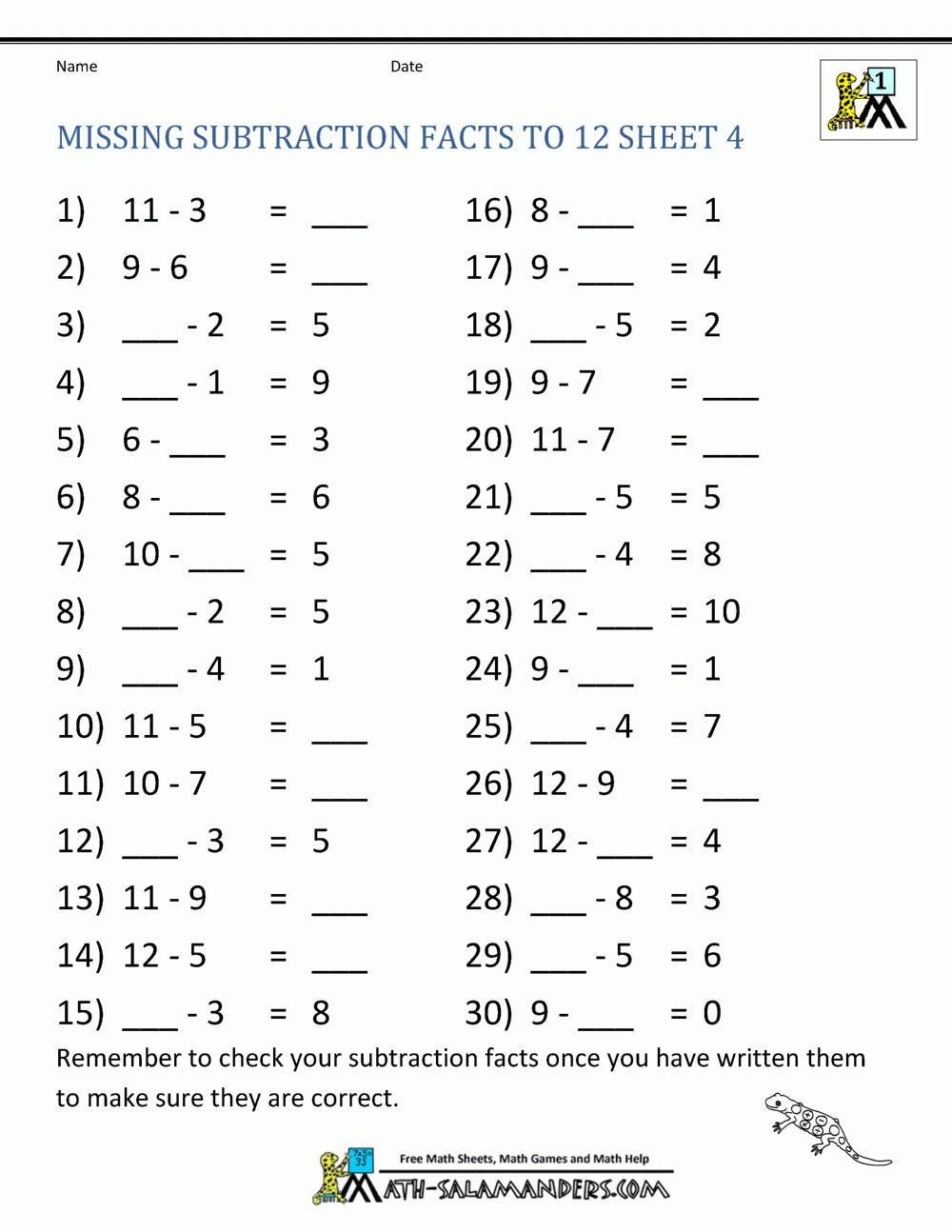 Subtraction Facts Worksheets 1st Grade