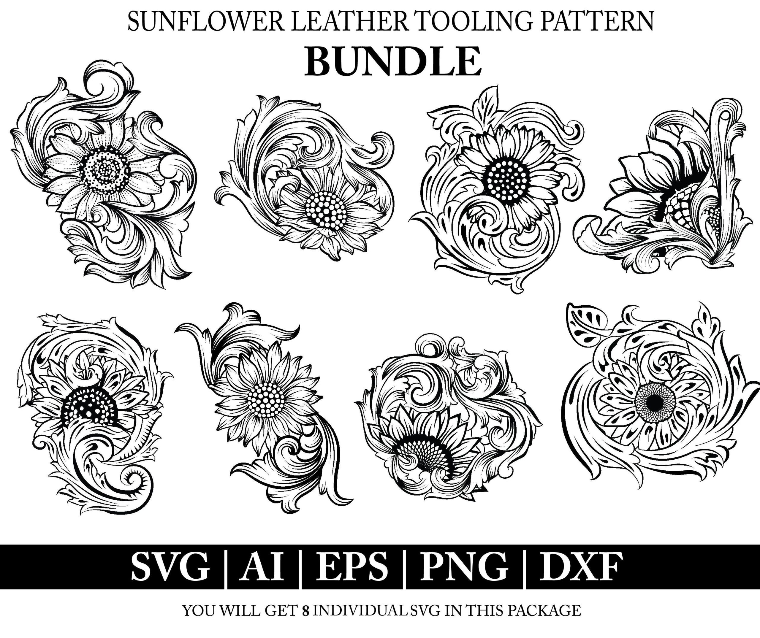 Sunflower Leather Tooling SVG Bundle Western Flower Carving Pattern digital Download Etsy