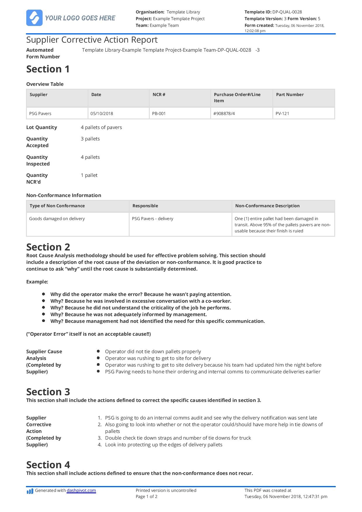 corrective action request template