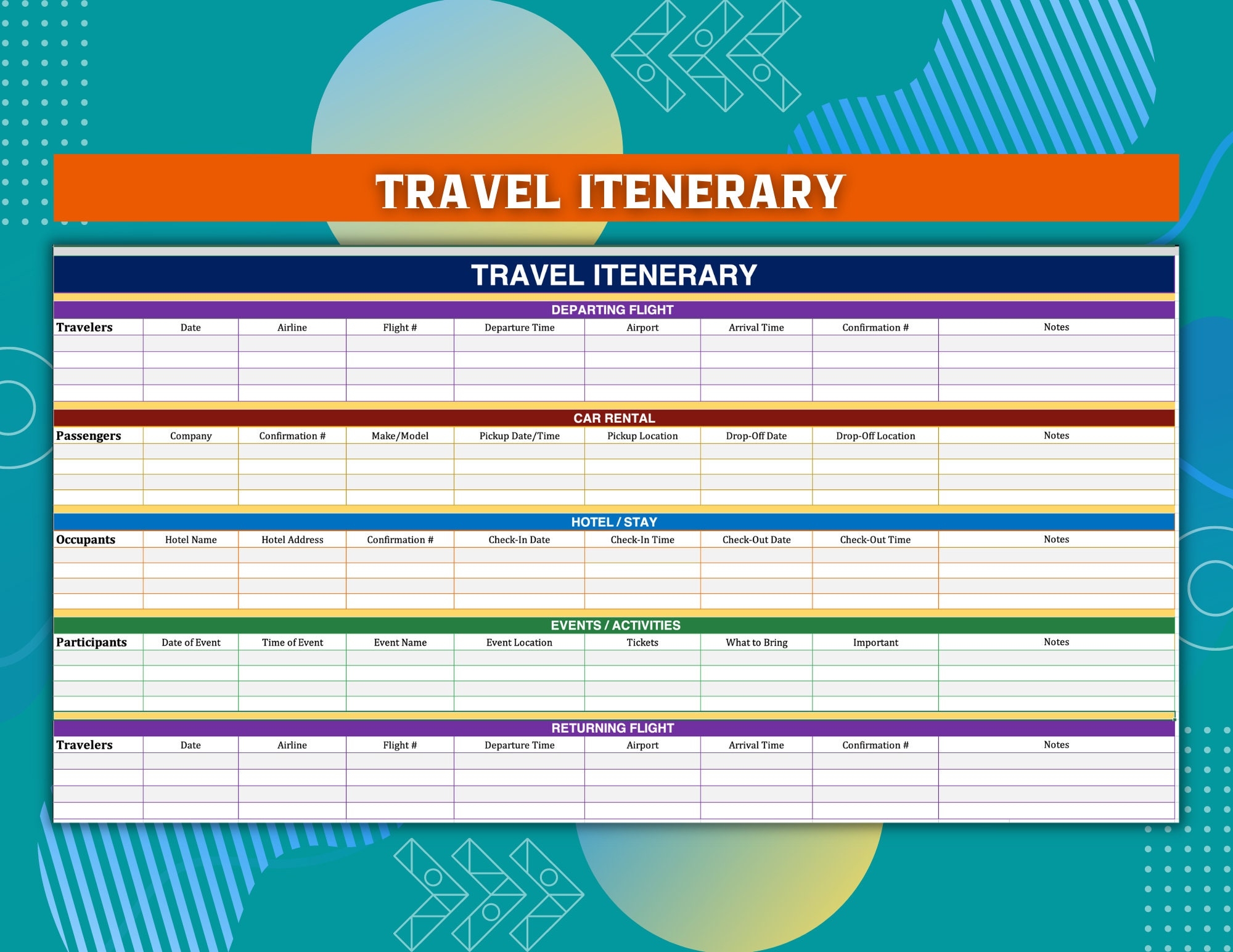 Travel Itinerary Google Sheets Template Google Sheets Planner Travel Planner Google Sheets Travel Template Excel Travel Itinerary Etsy