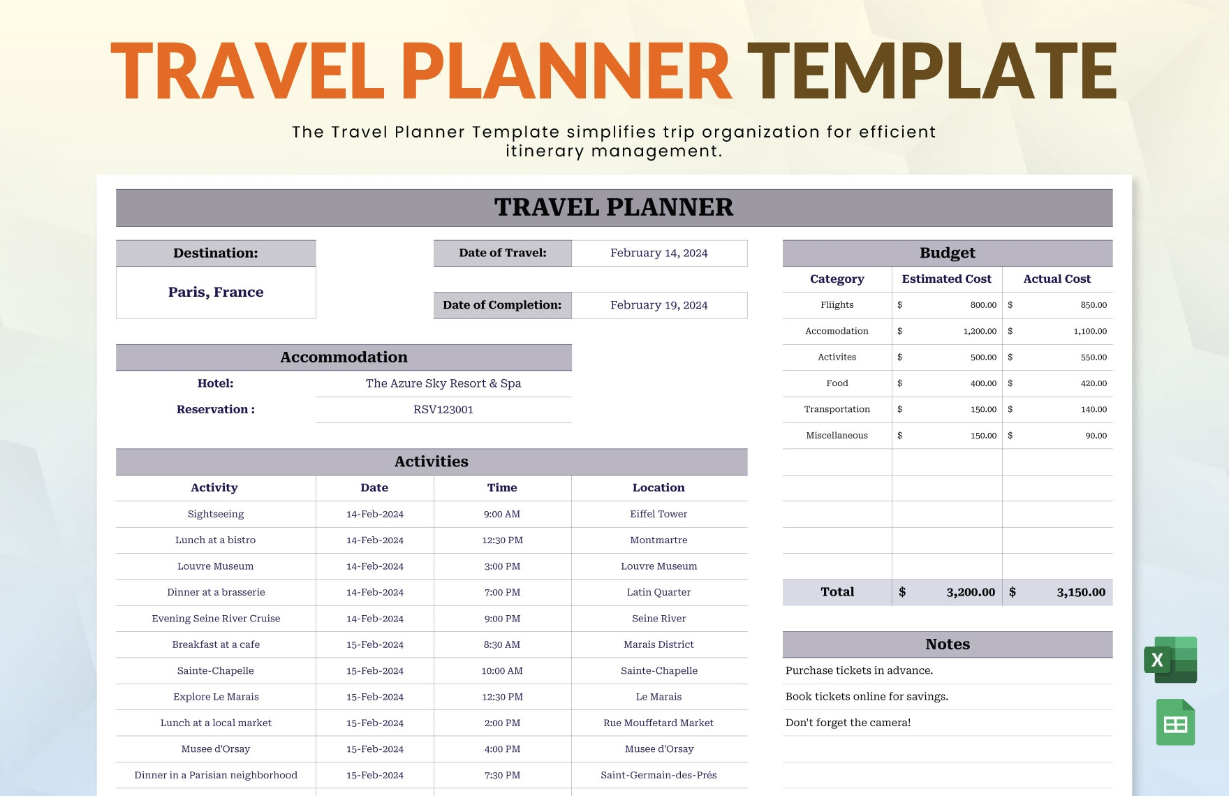 Travel Planner Templates In Google Sheets To Download