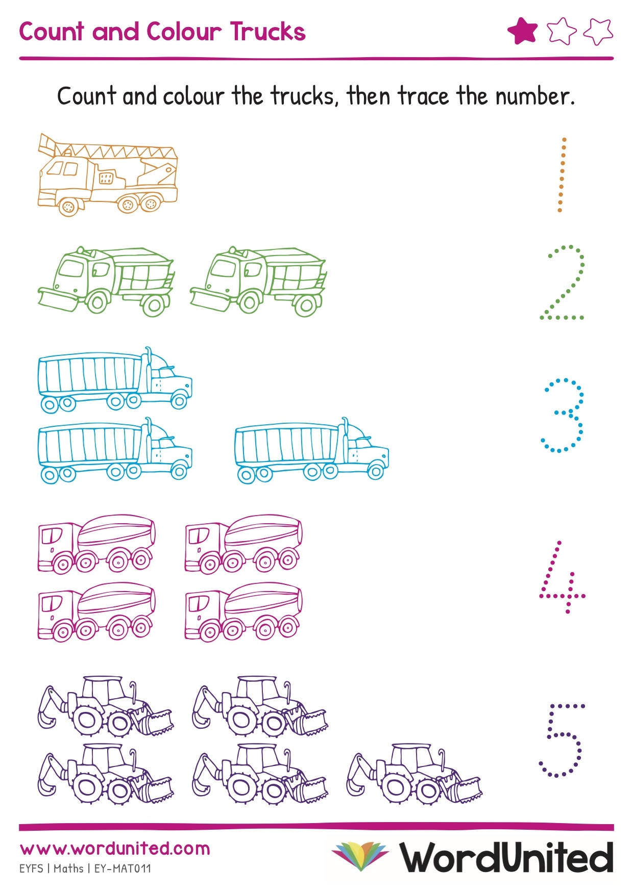 Trucks Count And Colour Activity 1 5 WordUnited Trucks Count And Colour Activity 1 5 WordUnited