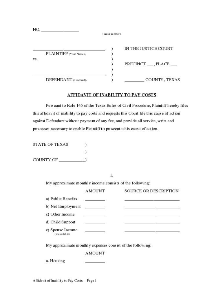 TX Affidavit Of Inability To Pay Costs Form Fill Online Printable Fillable Blank PdfFiller