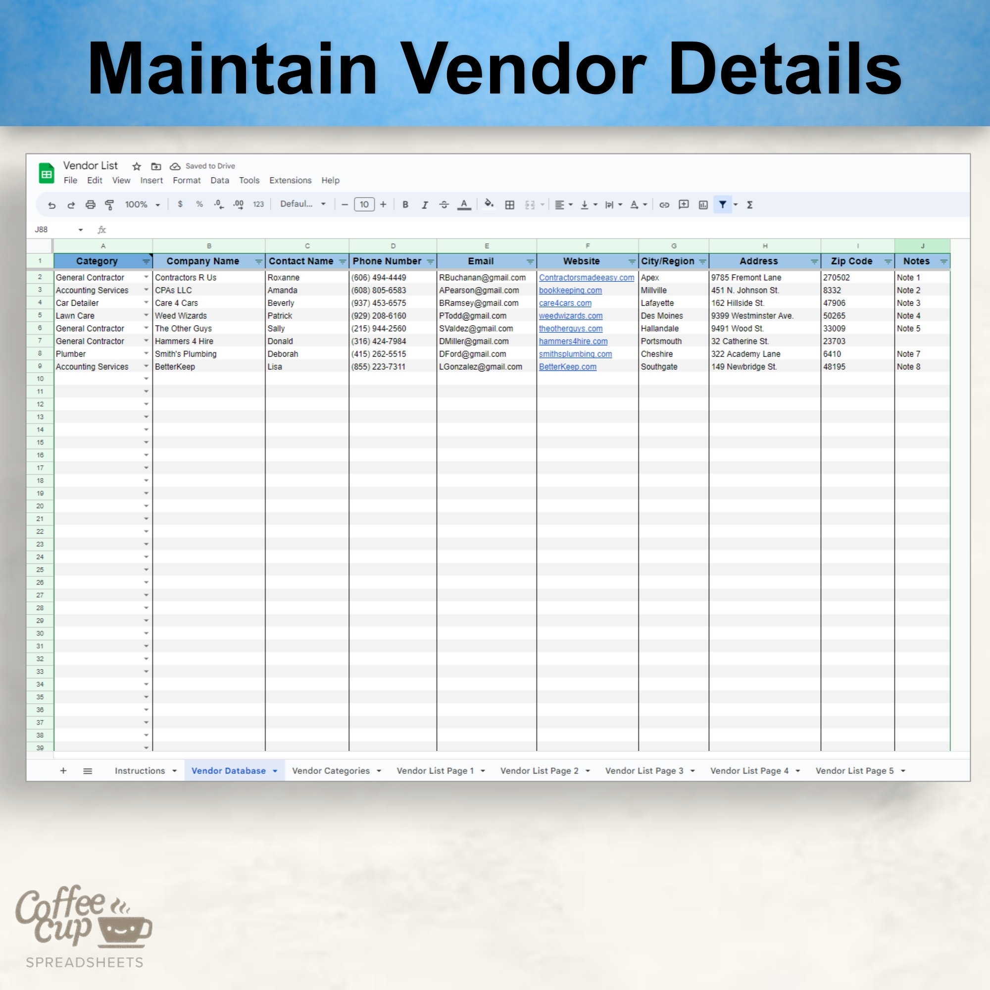 vendor list template
