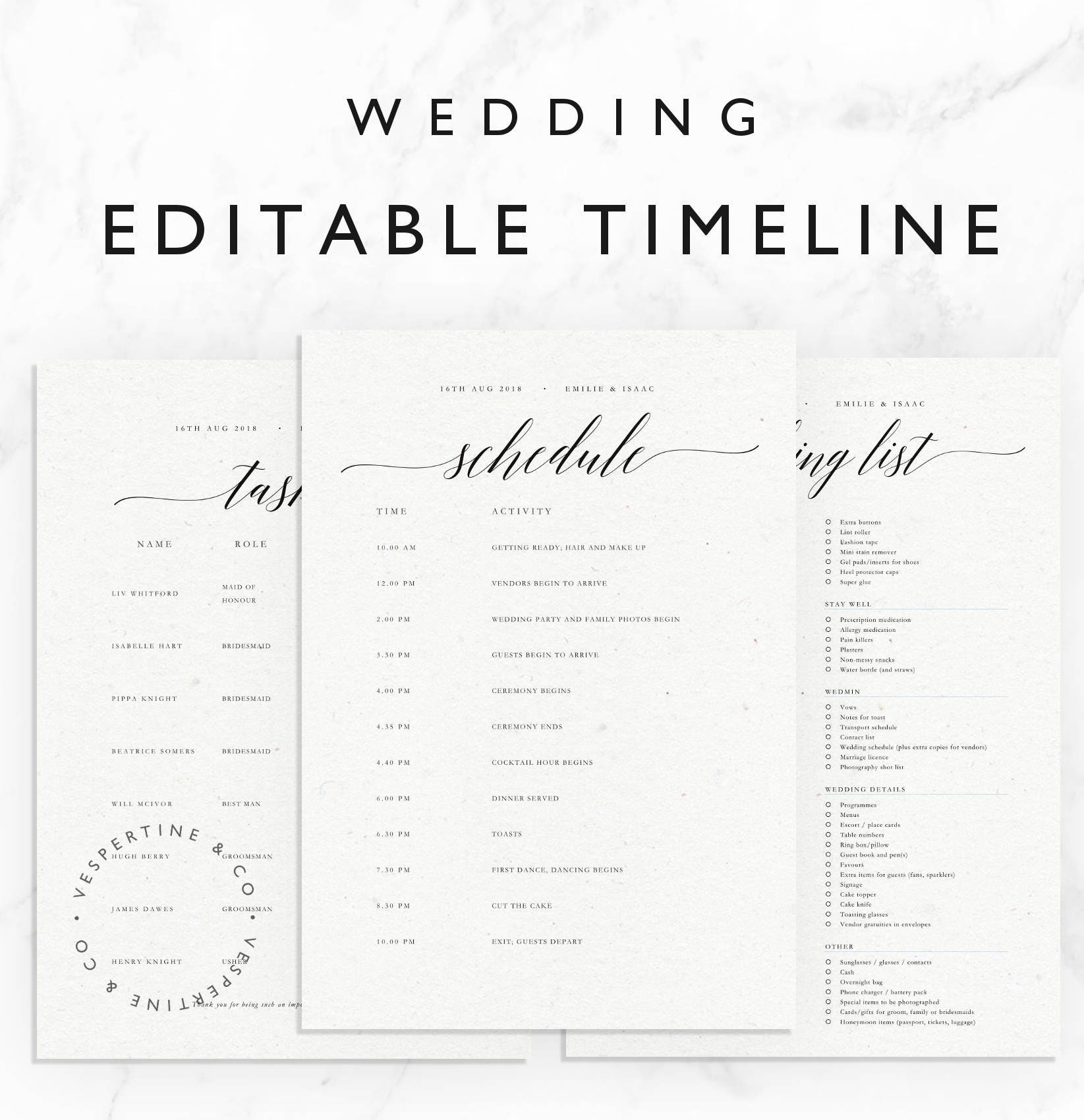 Wedding Timeline Template Minimal Bridal Wedding Day Schedule Tasks List Packing List Printable Editable Word Document Emilie Suite Etsy