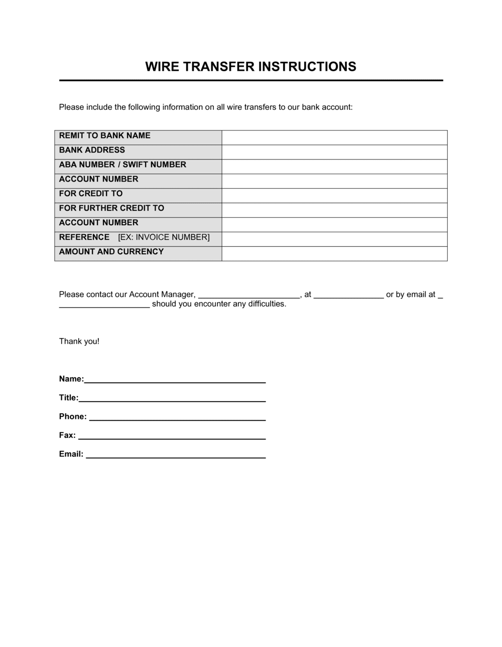 Wire Transfer Instructions Form Template Free Word PDF
